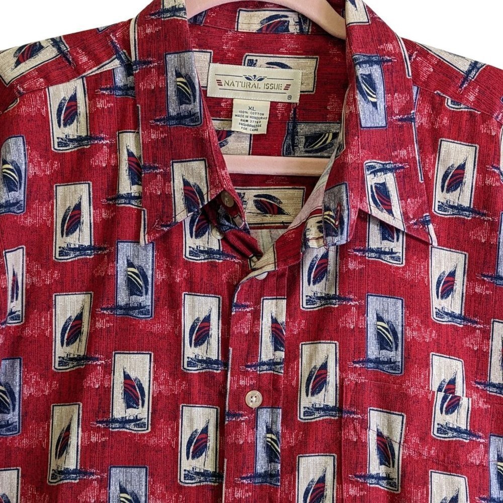 Natural Issue Button Up SHIRT Red Blue Sail Boat Print Mens size XL Cotton - Picture 4 of 11
